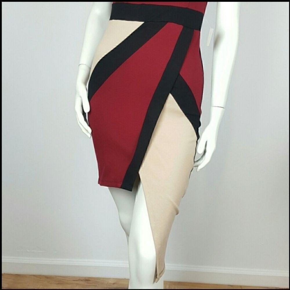 BODYCON MIDI DRESS MULTICOLOR BURGANDY-BLACK- CREAM ASIMETRICAL‎ - Picture 5 of 5